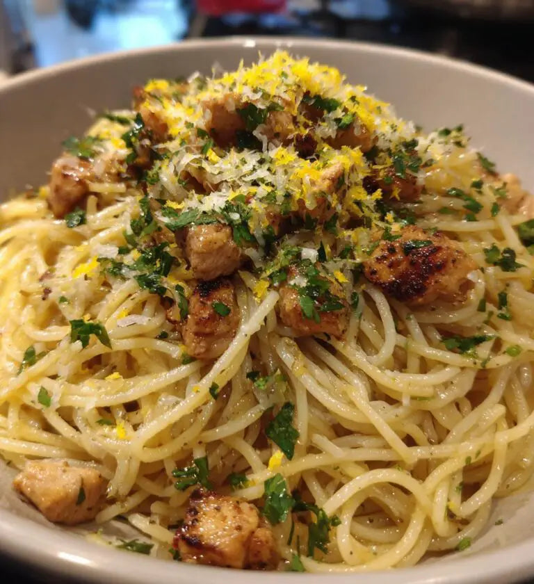 MONDAY DINNER: PARMESEAN-LEMON-GARLIC BUTTER SPAGHETTI NESTS W/CHICKEN BITES