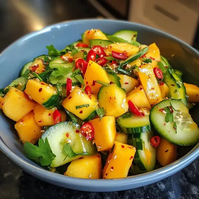 THURSDAY LUNCH: GRILLED THAI COCONUT CHICKEN SKEWERS w/Thai Style Corn Fritters & Mango Cucumber Salad& Thai Mango/Cucumber Salad