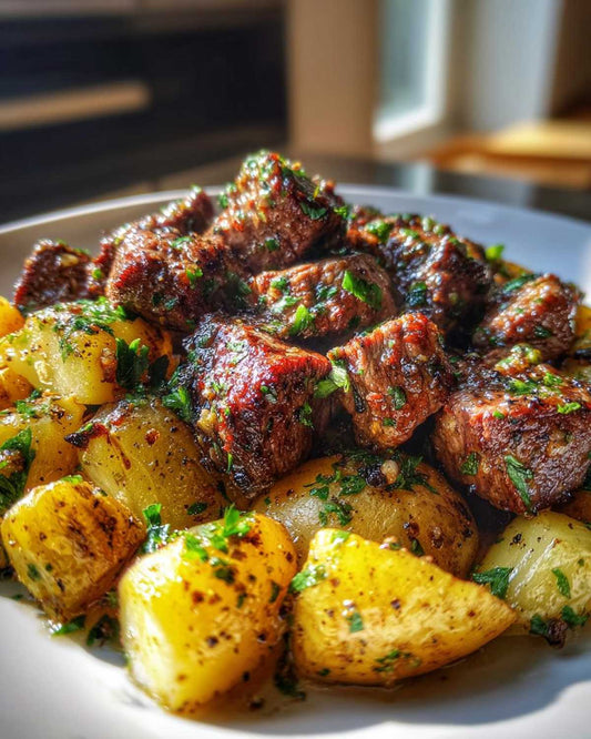 THURSDAY DINNER:  GARLIC BUTTER STEAK BITES WITH ROASTED PARMESEAN POTATOES