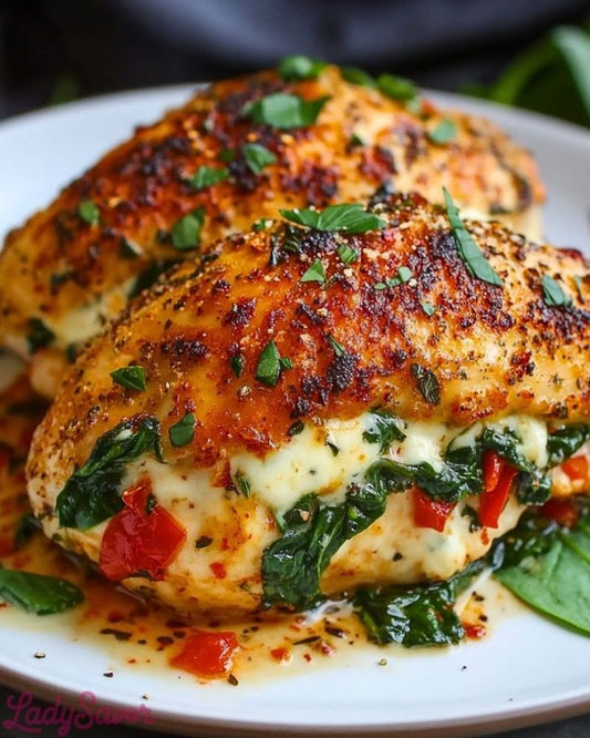 WEDNESDAY DINNER:  ROASTED RED PEPPER, SPINACH & MOZZARELLA STUFFED CHICKEN